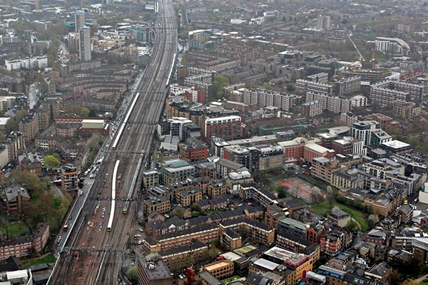 The slew-over outside London Bridge where the Up and Down Charing Cross lines leave the northern side of the viaduct to run through the new platforms 7 - 9, view from The Shard taken on 22nd April 2016
