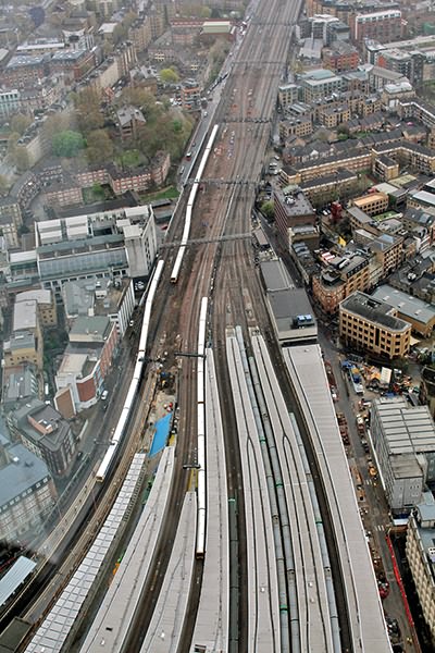 Work continues at London Bridge station on platforms 4 -6 between the Cannon Street and Charing Cross lines, view from The Shard on 22nd April 2016