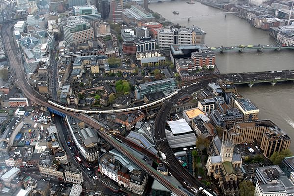 Tne triangle on the approaches to Cannot Street, vew from The Shard taken on 22nd April 2016.