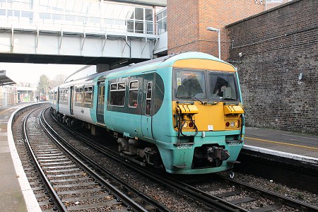 456013 and 456020 at Sutton waiting to depart with the 10:23 Victoria to Epsom Downs service  on 12th December 2013